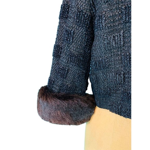 Vintage 50s Black Jacket Womens Small Ribbon Top Black Brown Fur Evening Top - Picture 5 of 10